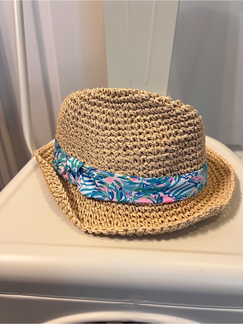 Lilly Pulitzer Natural Straw Fedora with Pink & Blue Floral Band